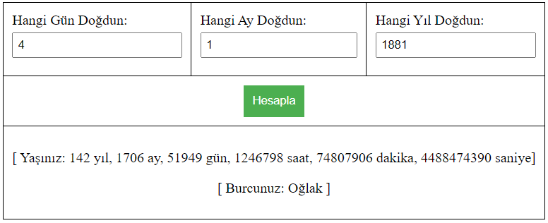 Burç ve Yaş Hesaplama Uygulaması ile Astrolojik Bilgilerinizi Ve Yaşınızı Öğrenin. Yaşınızı gün, ay, yıl, dakika ve saniye bazında öğrenin :)